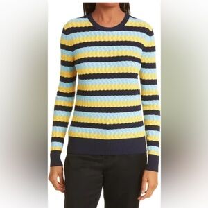 Jason Wu Yellow and Navy Blue Striped Viscose Crewneck Sweater Size Large